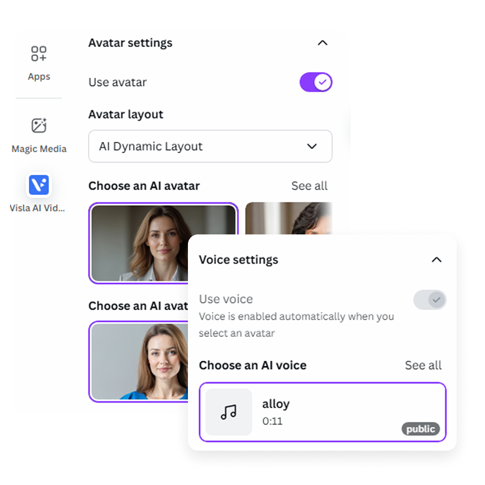 Customize Visla settings in Canva including aspect ratio, pacing, subtitles, and turning on AI avatars for talking head videos